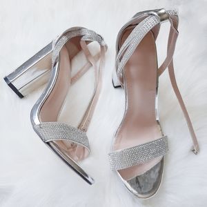 Silver rhinestone lace up heeled sandals